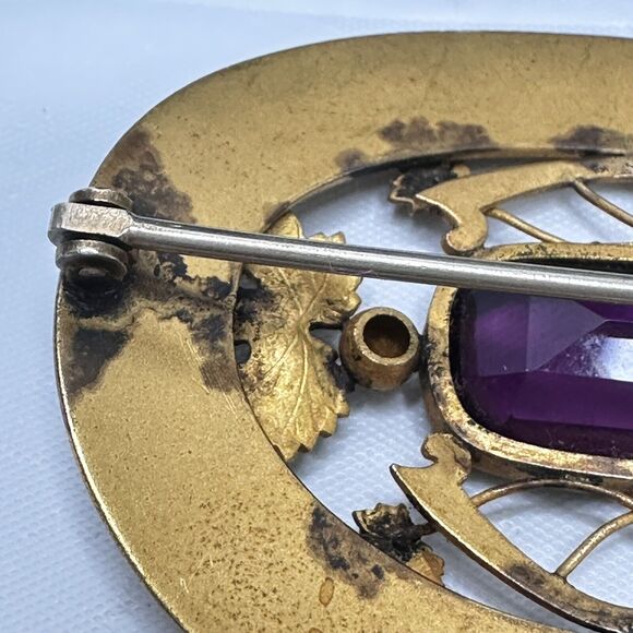 Art Nouveau Sash Pin Brooch Autumn Leaf design Amethyst Glass George L Paine Co - Picture 13 of 16